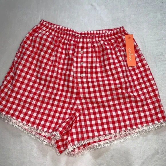 Colsie red white gingham pajamas set smocked spaghetti strap top shorts‎ size XS - Picture 10 of 11